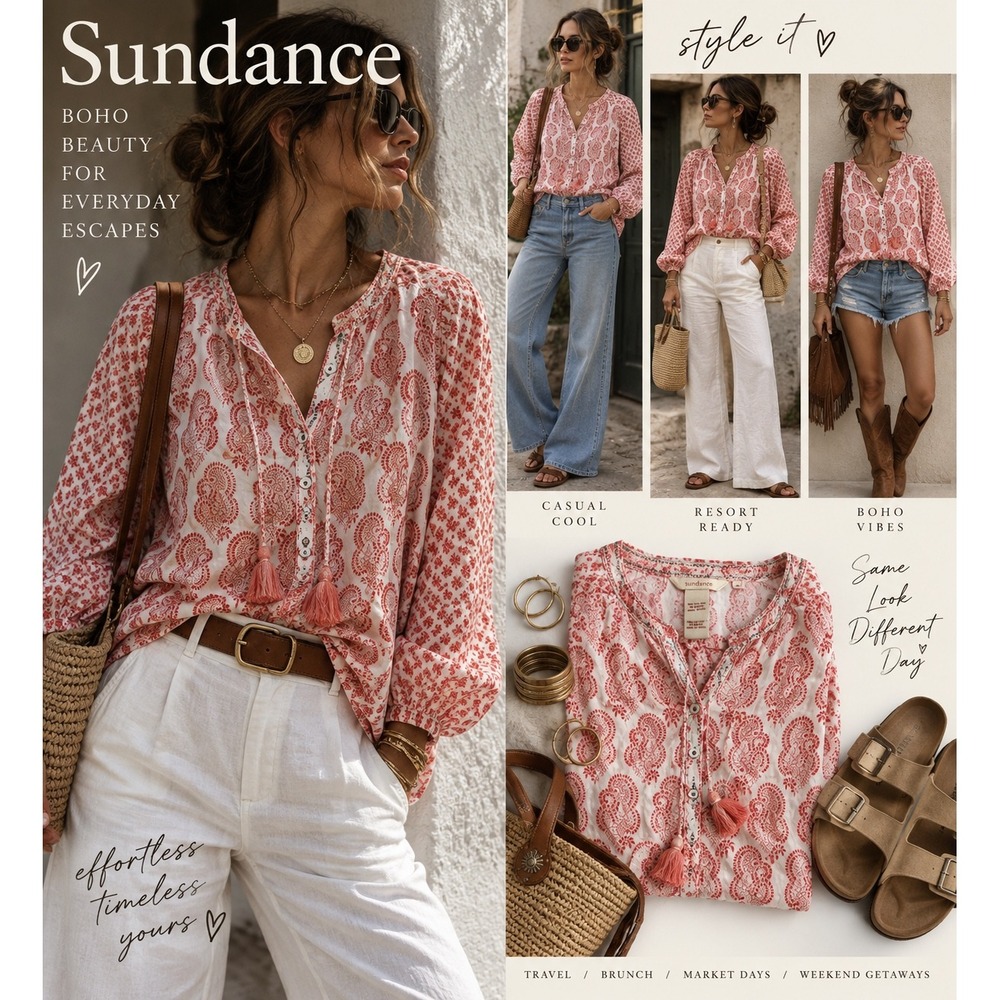 Sundance L White Coral Paisley Cotton Blouse Tassel Boho Tunic India